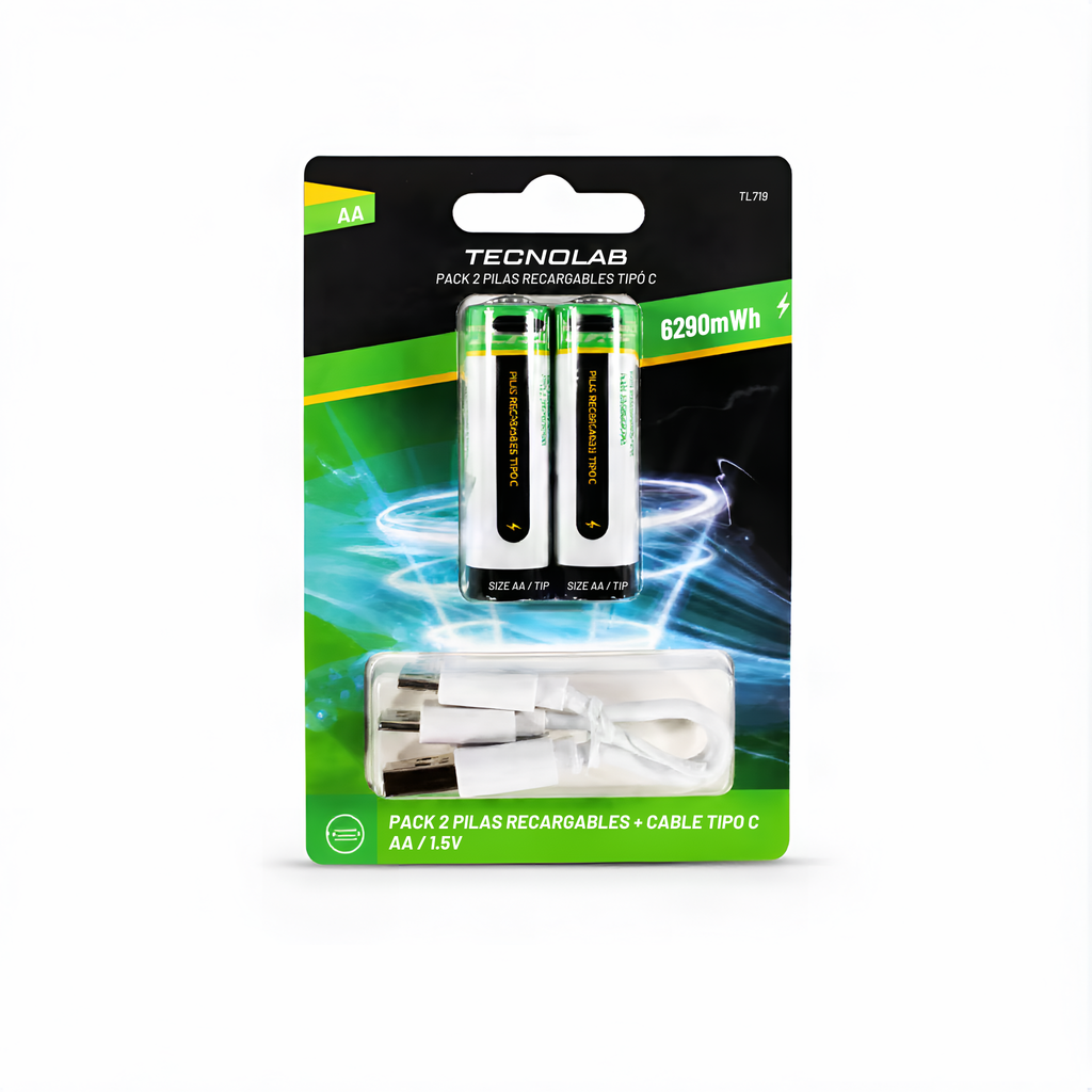 Pack 2 Pilas Recargables Tecnolab Aa Con Cable De Carga Usb