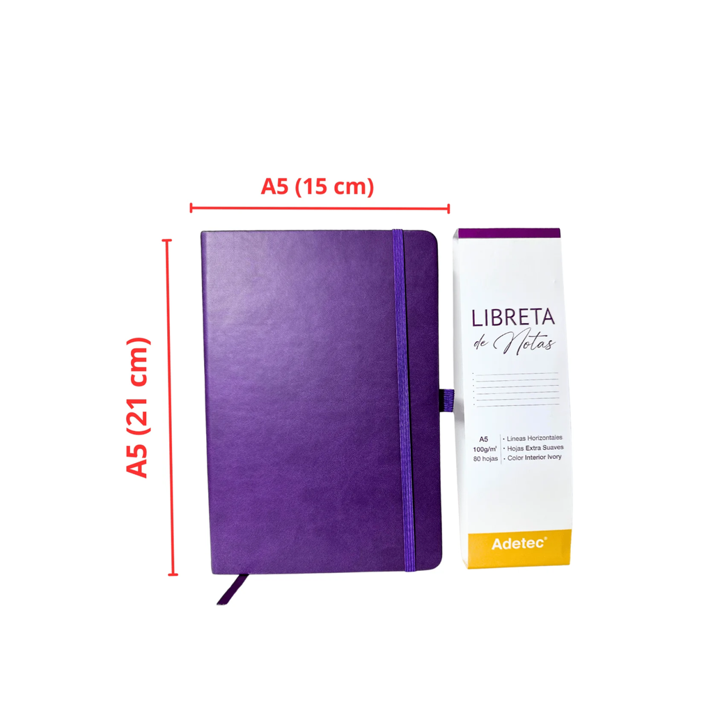 Libreta de Notas A5 Burdeo Cosida Con Elástico - Papel Ivory De 100gr x 80 Hojas Adetec