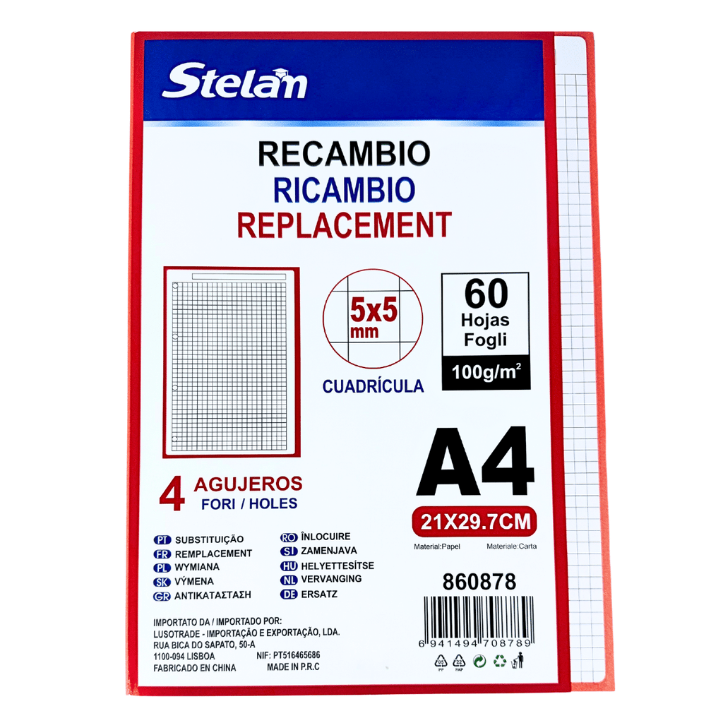 Hojas de Recambio A4 Borde Naranja Cuadrícula 5mm – 100gr, Pack de 60 Hojas