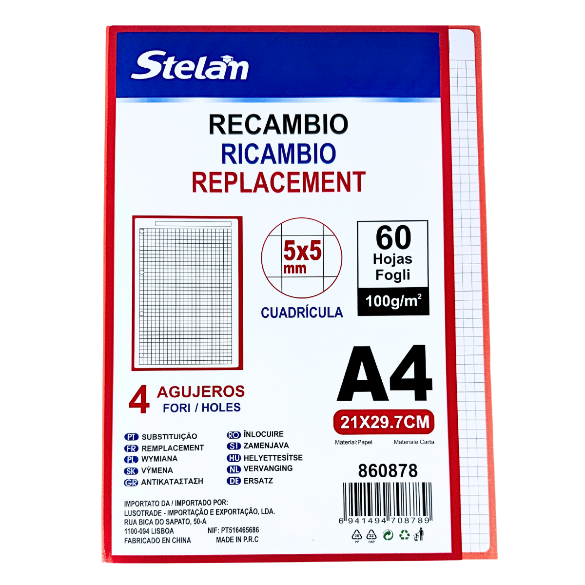 Hojas de Recambio A4 Borde Naranja Cuadrícula 5mm – 100gr, Pack de 60 Hojas