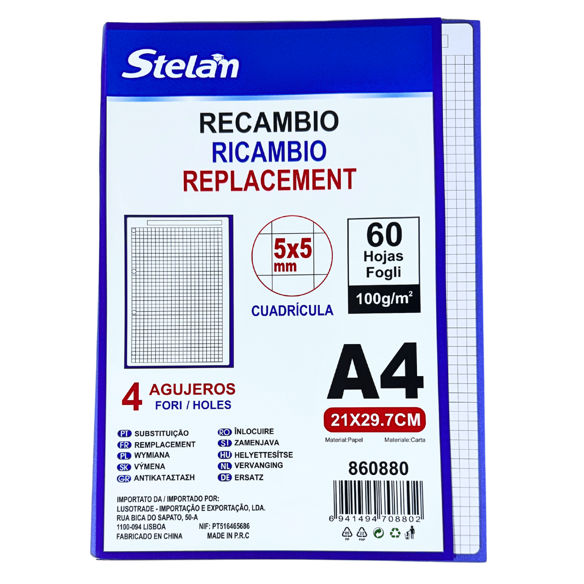 Hojas de Recambio A4 Borde Azul Cuadrícula 5mm – 100gr, Pack de 60 Hojas
