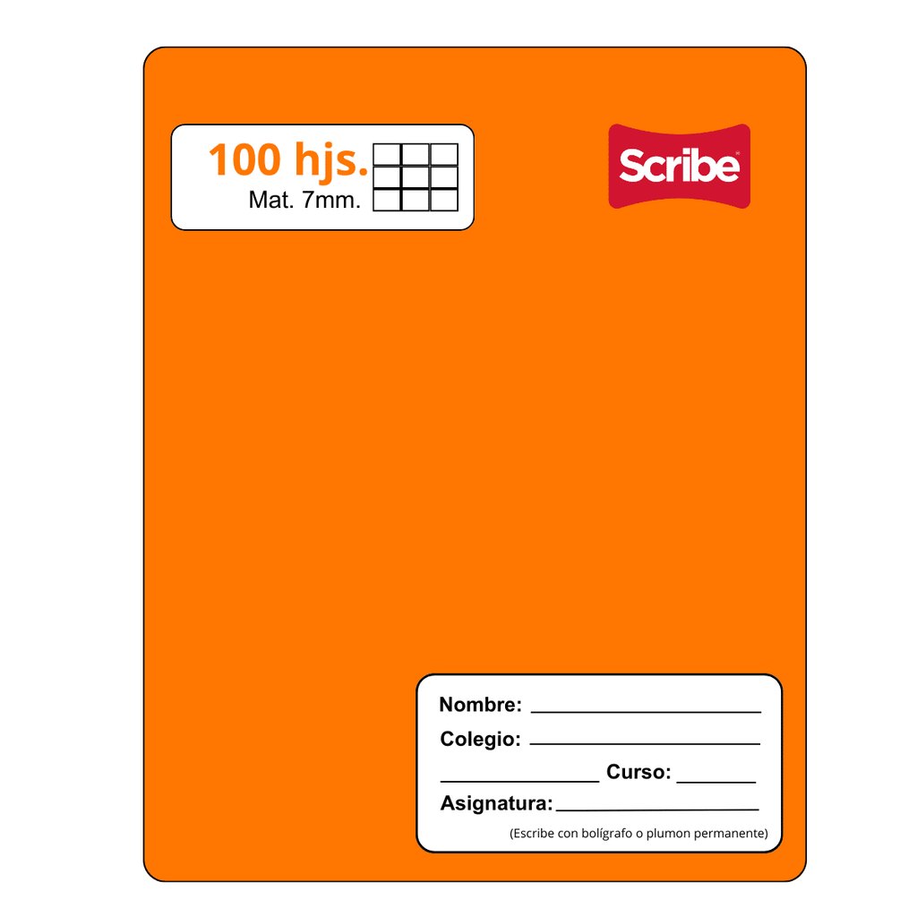 Cuaderno College Naranja 100 Hojas Scribe, Cuadriculado 7mm Matemáticas