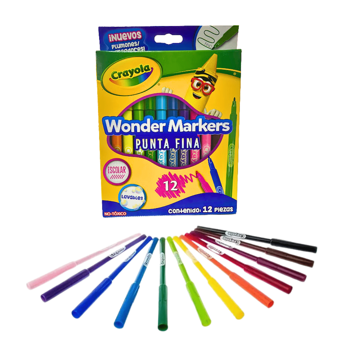 Marcadores Crayola Lavables Wonder Markers – Punta Fina, 12 Colores