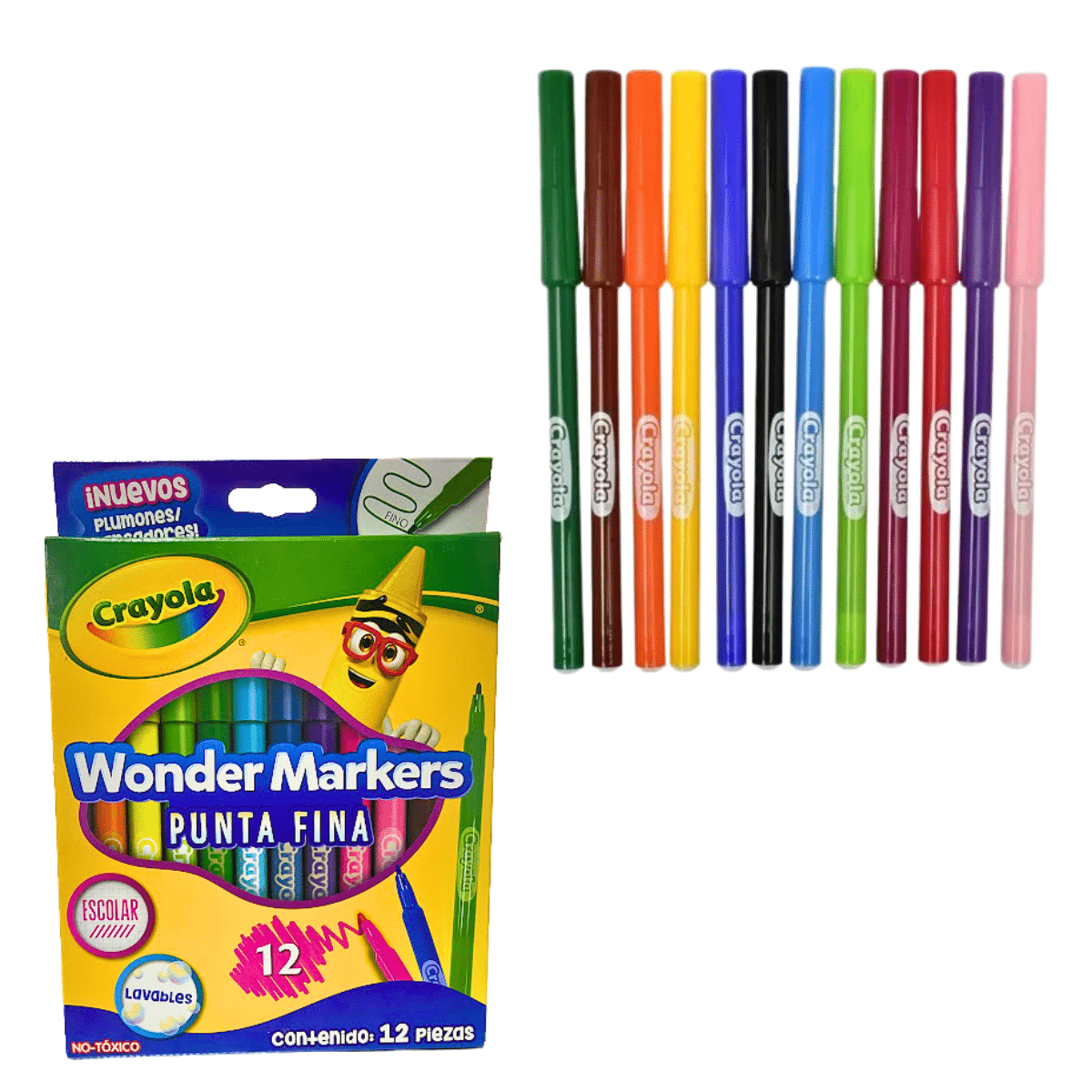 Marcadores Crayola Lavables Wonder Markers – Punta Fina, 12 Colores