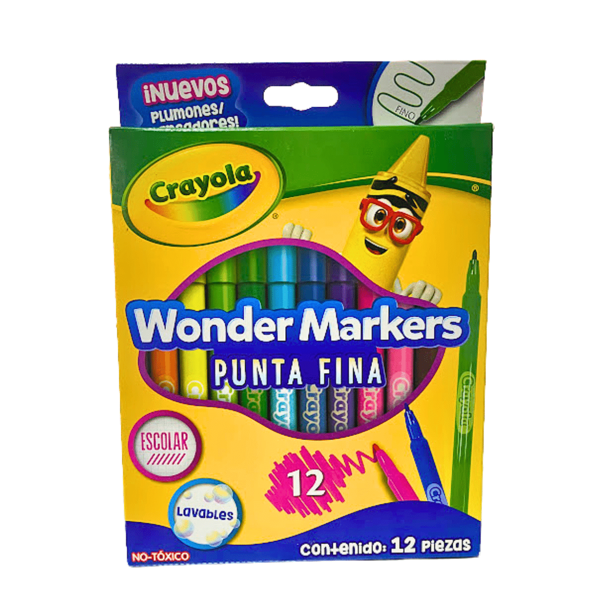 Marcadores Crayola Lavables Wonder Markers – Punta Fina, 12 Colores