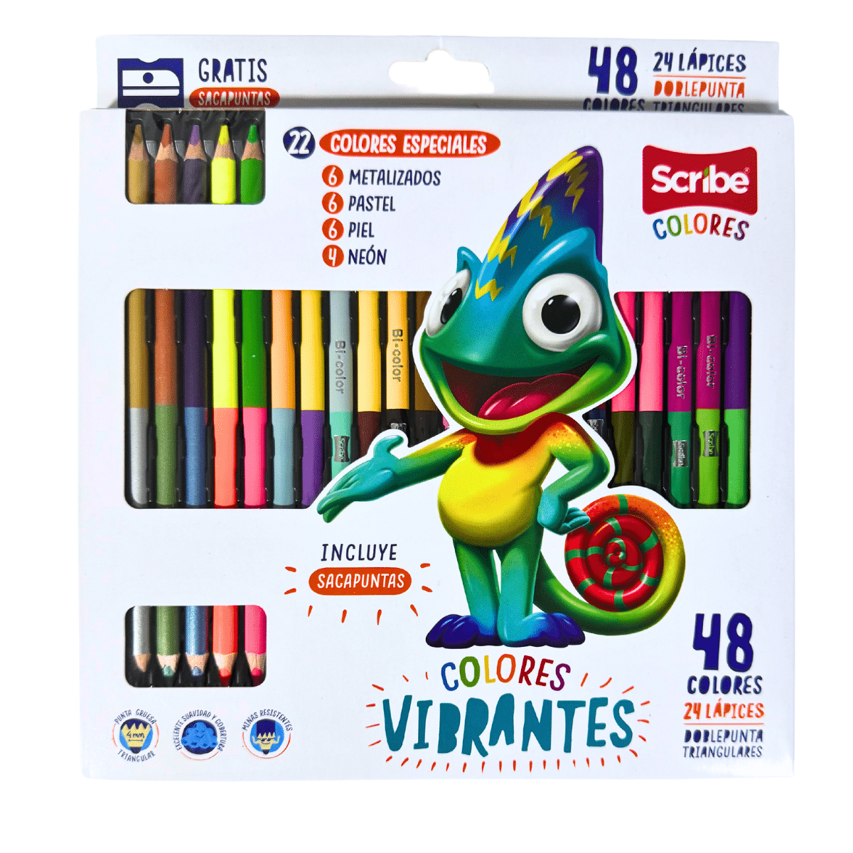 Lápices de Colores Scribe Doble Punta x 24 Unidades (48 Colores), Incluye Sacapuntas