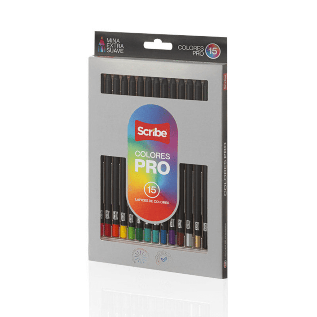 Lápices de Colores Pro Scribe x 15 Unidades, Mina Extra Suave y Pigmento de Alta Calidad