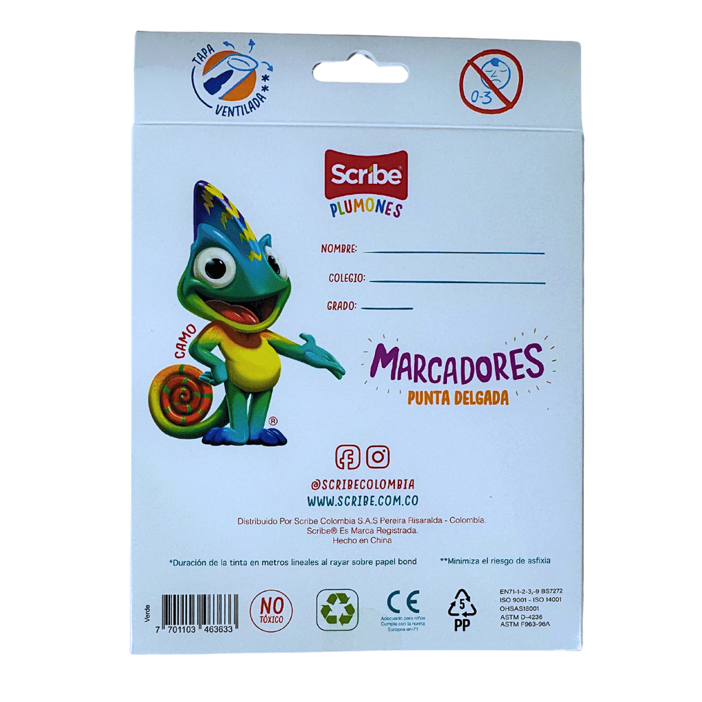 Marcadores Punta Fina Scribe x 12 Unidades, Plumones Escolares de Trazo Delgado