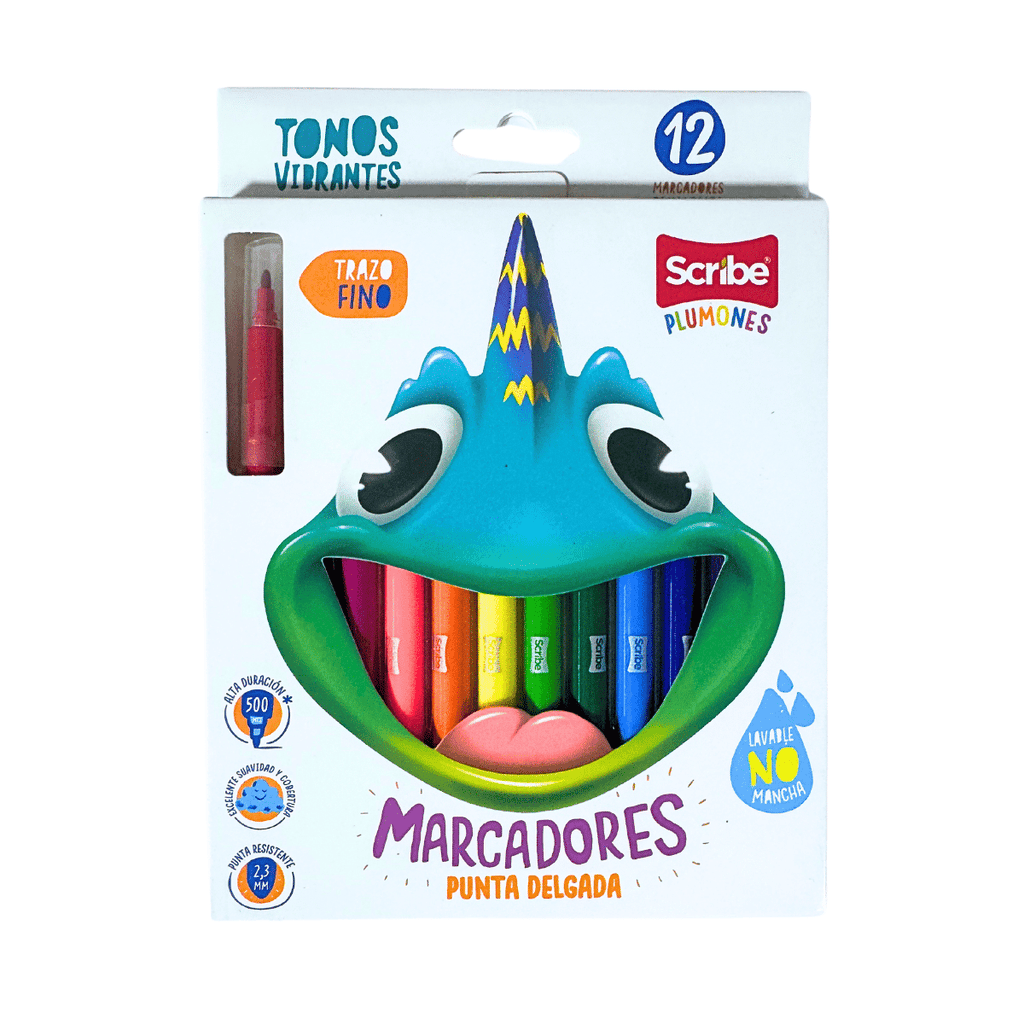 Marcadores Punta Fina Scribe x 12 Unidades, Plumones Escolares de Trazo Delgado