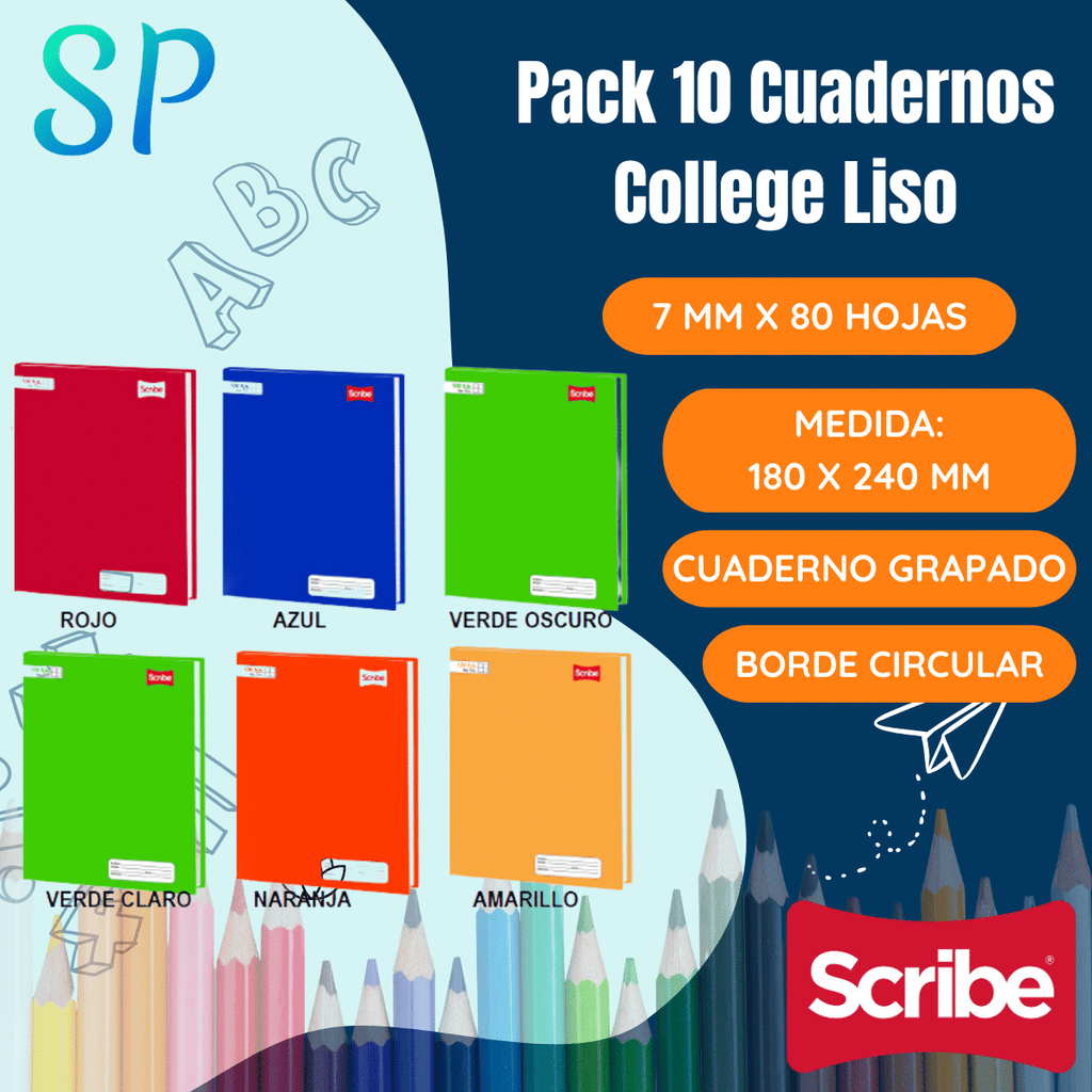 Pack 10 Cuadernos College Liso 7 mm x 80 Hojas Colores Surtidos