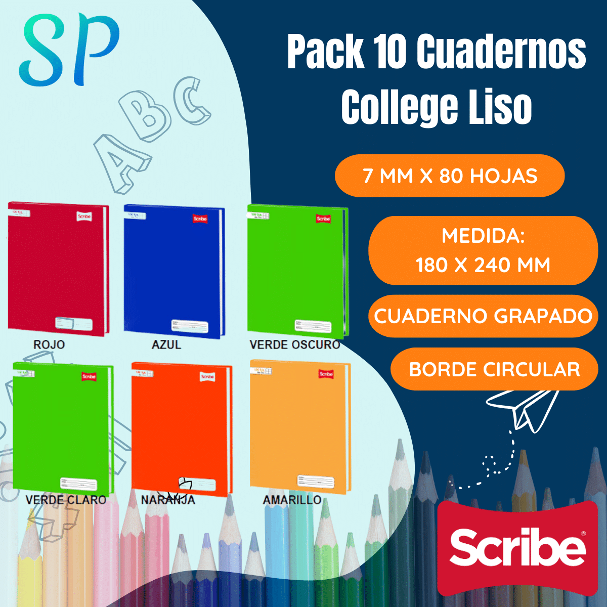 Pack 10 Cuadernos College Liso 7 mm x 80 Hojas Colores Surtidos