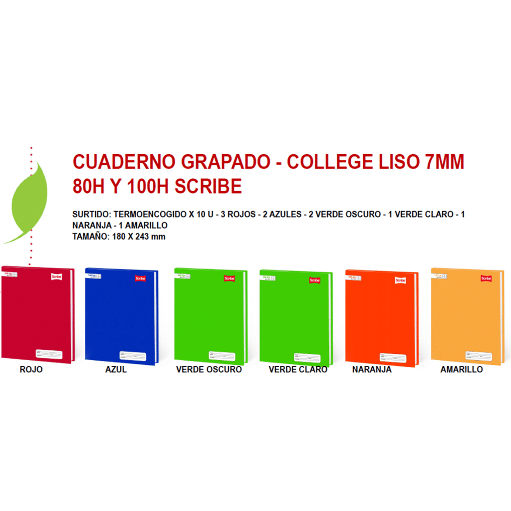 Pack 10 Cuadernos College Liso 7 mm x 80 Hojas Colores Surtidos