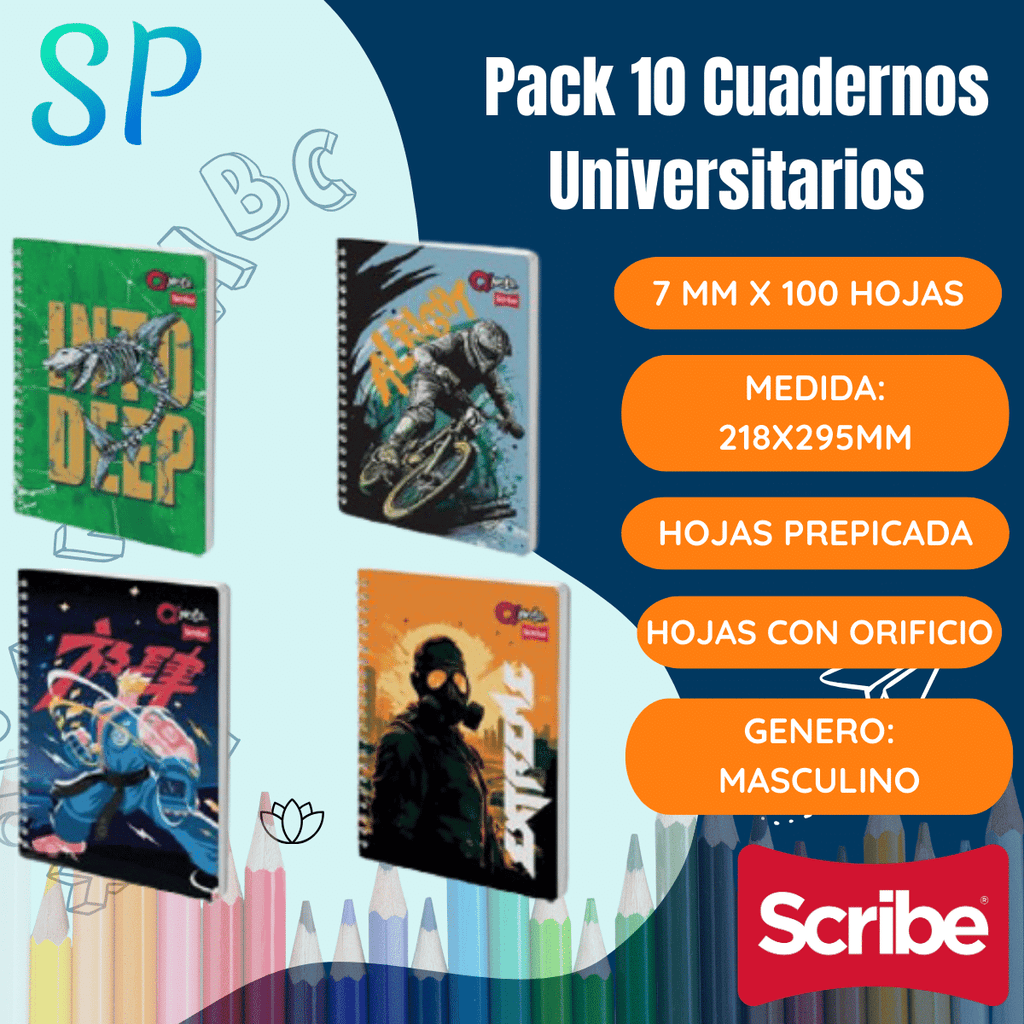 Pack 10 Cuadernos Univ. Hombre 7mm x 100 Hojas Prepicada y Con Orificio