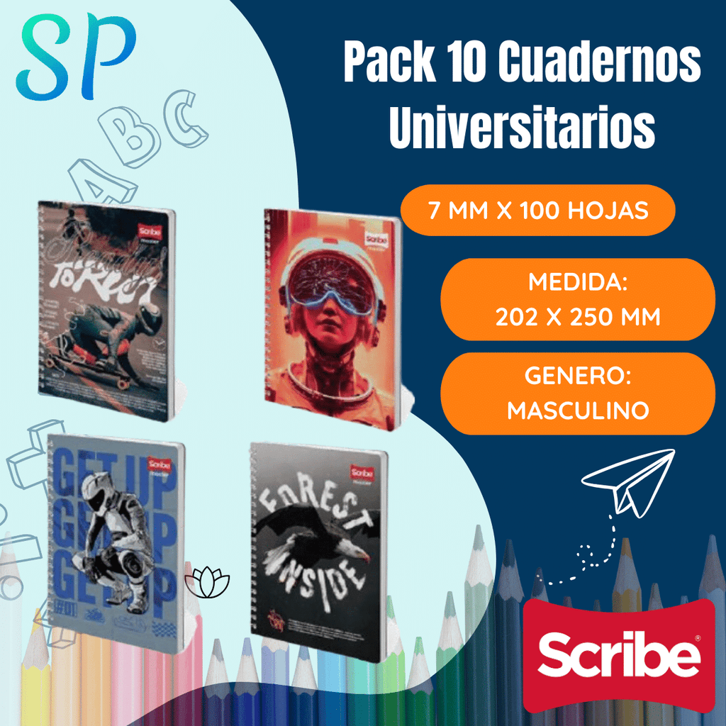 Pack 10 Cuadernos Universitarios 7 MM x 100 Hojas Diseño Masculino Surtido