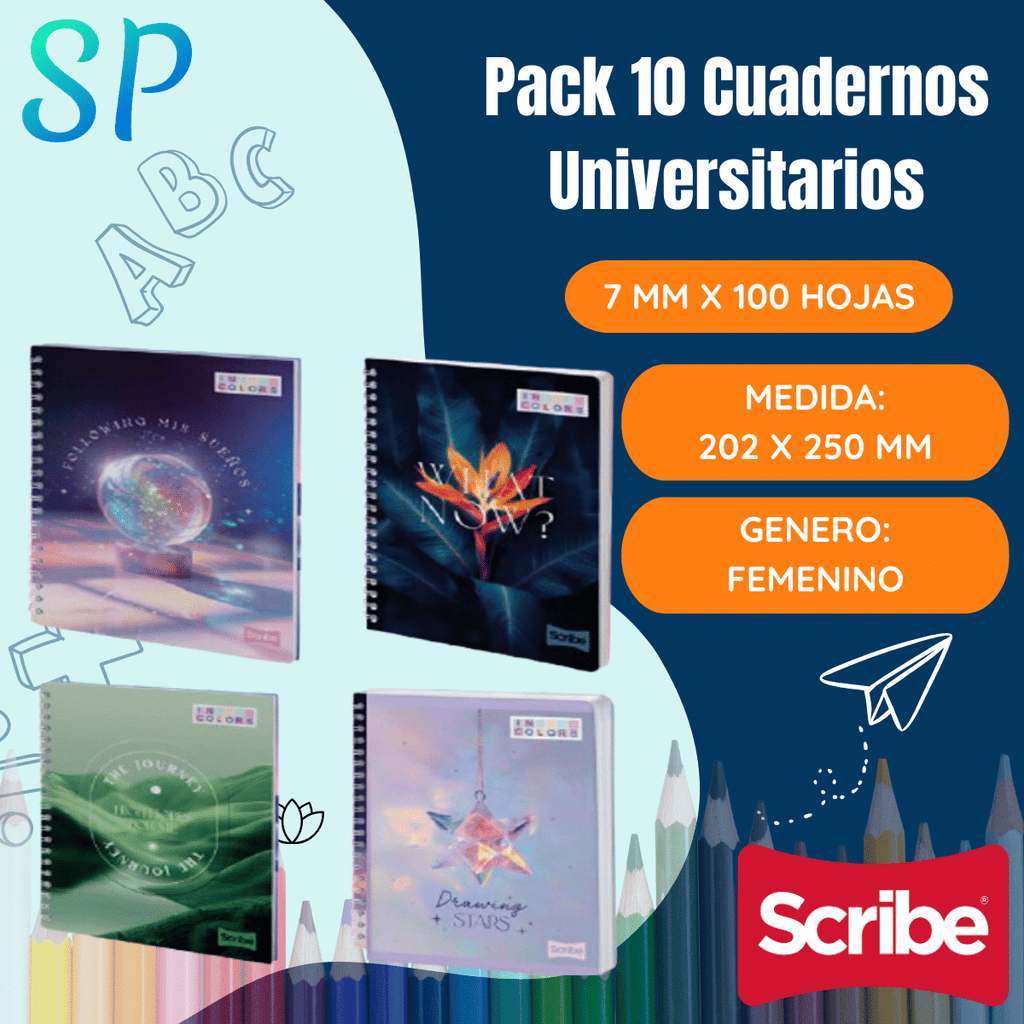 Pack 10 Cuadernos Universitarios 7 MM x 100 Hojas Diseño Femenino Surtido