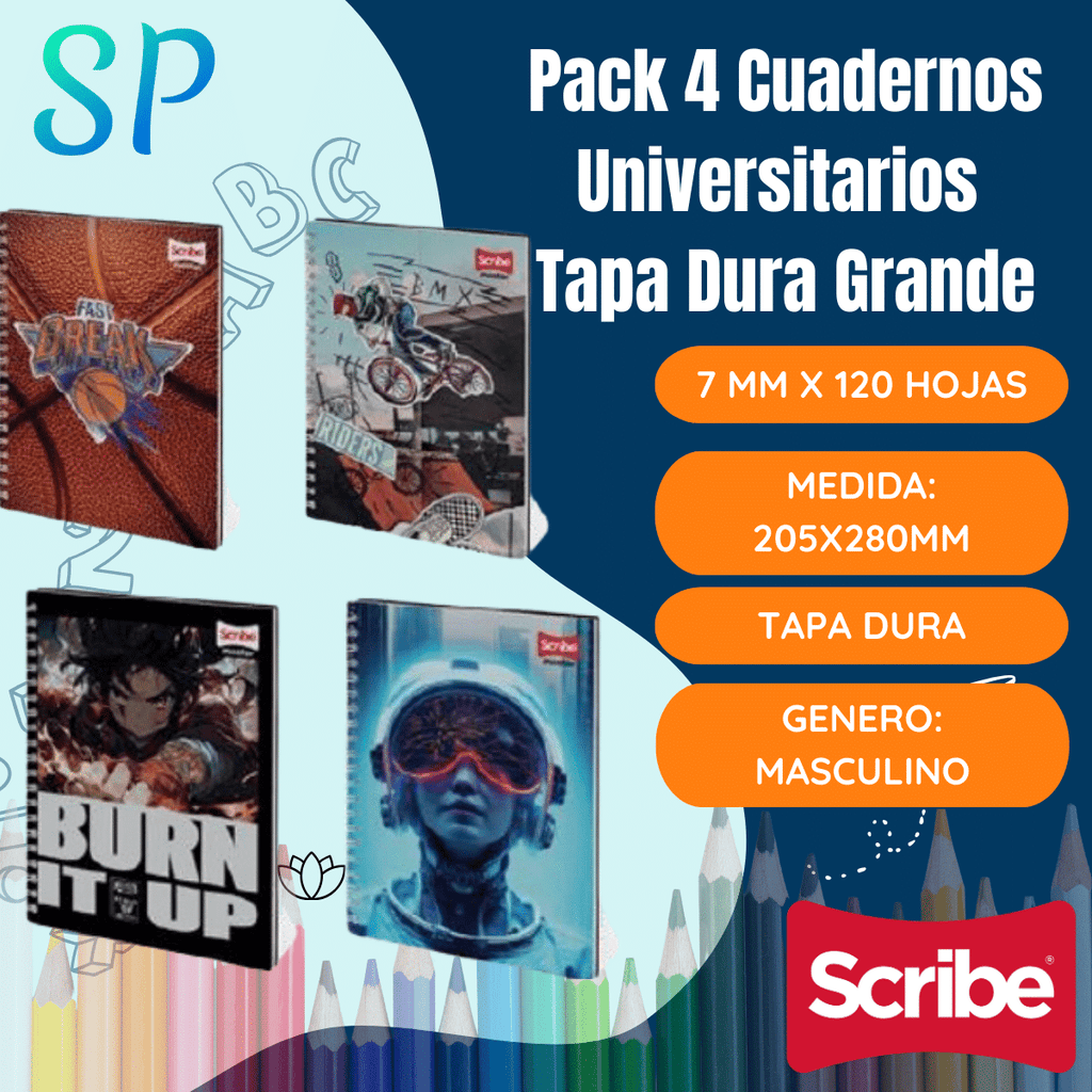 Pack 4 Cuadernos Universitario Tapa Dura Grande Hombre Scribe 7mmx120 Hojas