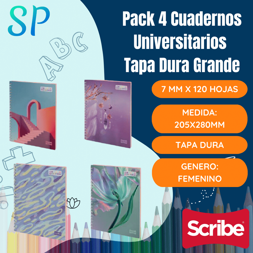 Pack 4 Cuadernos Universitario Tapa Dura Grande Mujer Scribe 7mmx120 Hojas