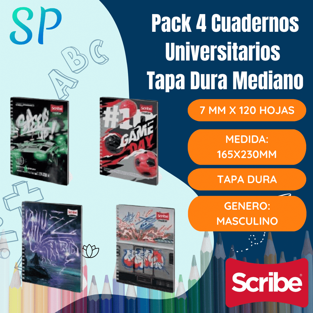 Pack 4 Cuadernos Universitario Tapa Dura Mediano Hombre Scribe 7mmx120 Hojas