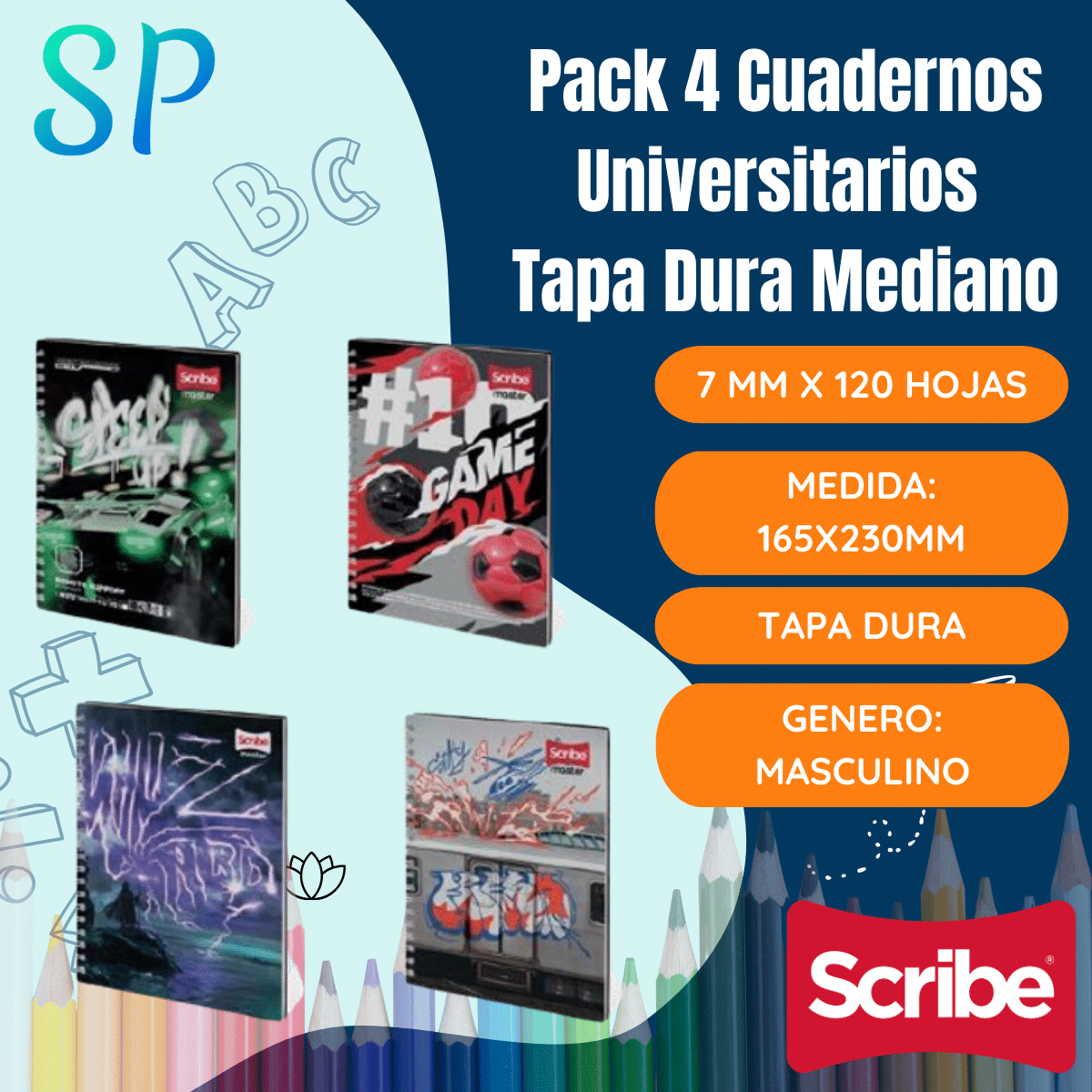 Pack 4 Cuadernos Universitario Tapa Dura Mediano Hombre Scribe 7mmx120 Hojas