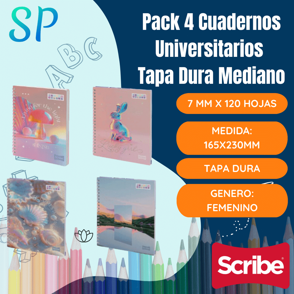 Pack 4 Cuadernos Universitario Tapa Dura Mediano Mujer Scribe 7mmx120 Hojas