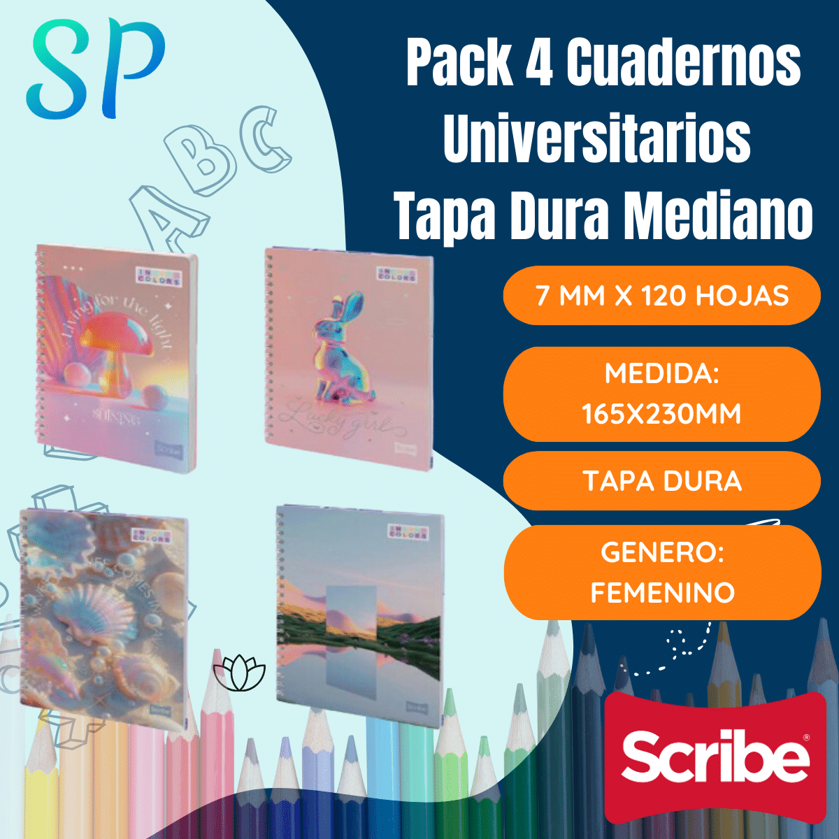Pack 4 Cuadernos Universitario Tapa Dura Mediano Mujer Scribe 7mmx120 Hojas