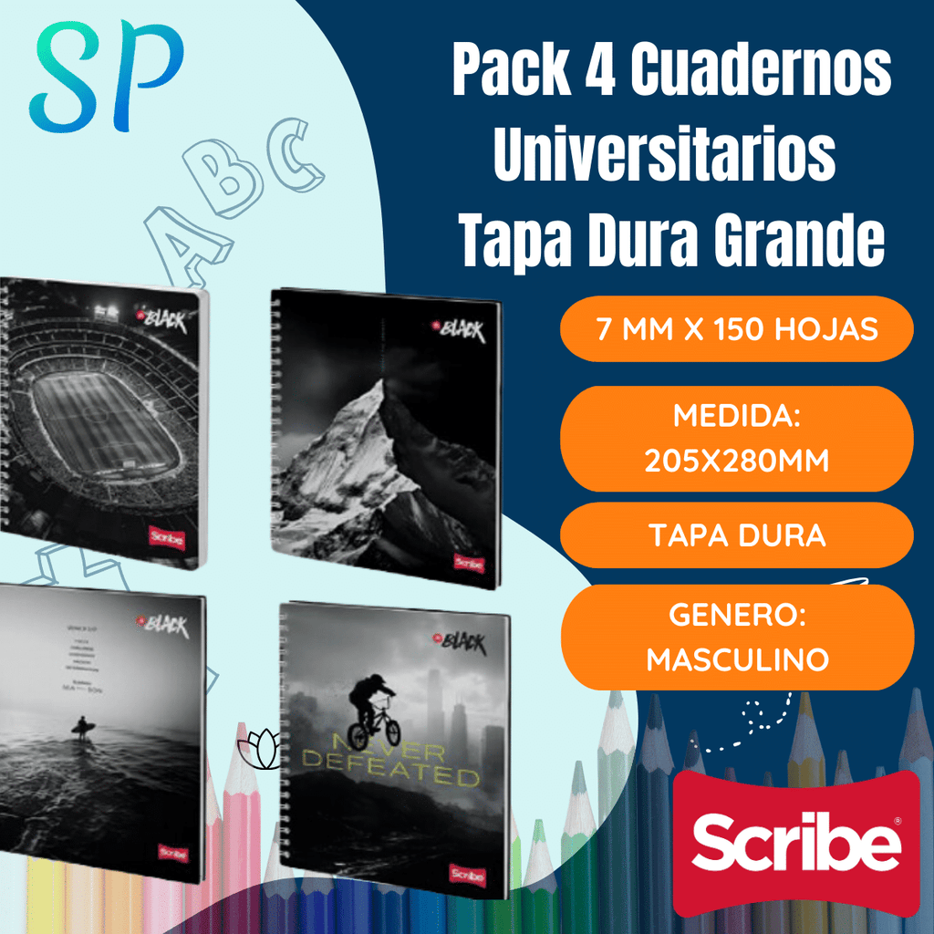 Pack 4 Cuadernos Universitario 7mmx150 Hojas Tapa Dura Grande Hombre Scribe