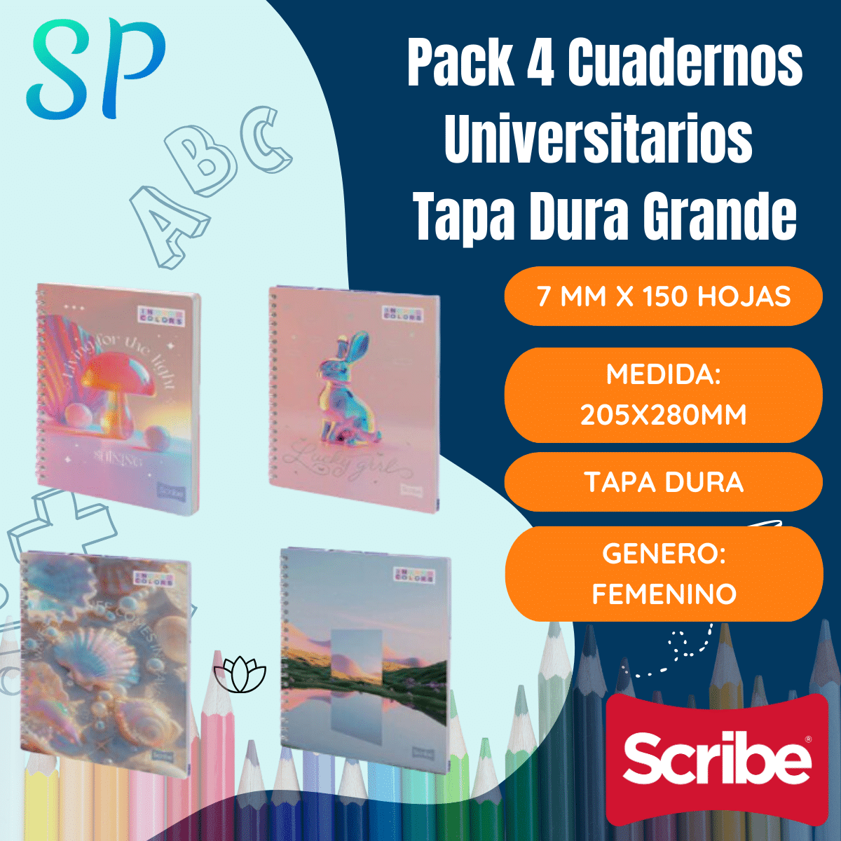 Pack 4 Cuadernos Universitario 7mmx150 Hojas Tapa Dura Grande Mujer Scribe