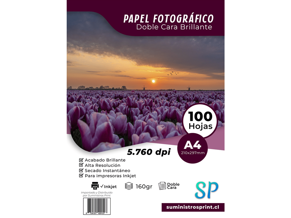 Papel Fotográfico Glossy Doble Cara A4 160gr X 100 Hojas SP