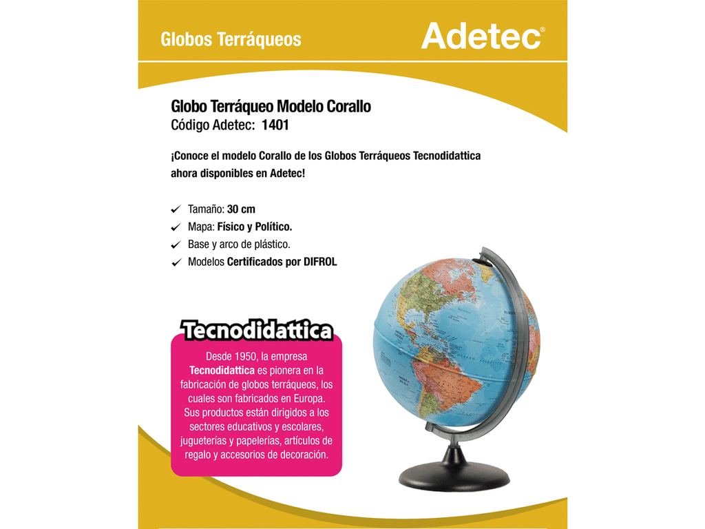 Globo Terráqueo Mapa 30 Cm Tecnodidattica Modelo Corallo Certificado - 1401