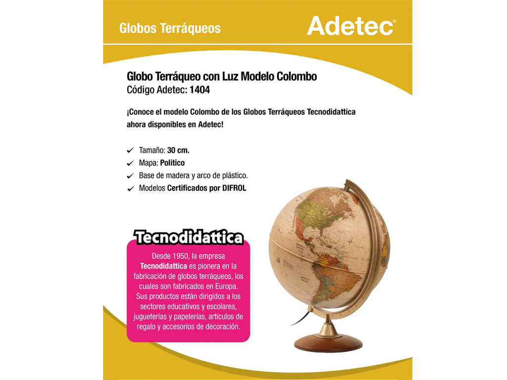 Globo Terráqueo Con Base De Madera Y Luz Sepia 30 Cm Colombo Certificado - 1404