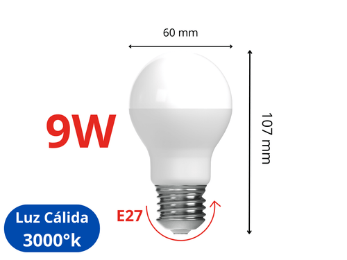 Ampolleta LED 9W E27 Sec Luz  Cálida 3000°k Premium Mod A60