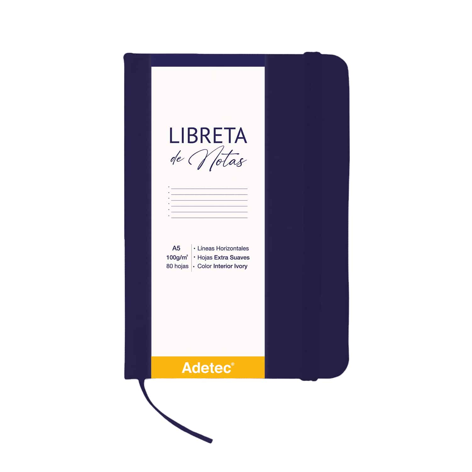 Libreta de Notas A5 Azul Oscuro Cosida Con Elástico - Papel Ivory De 100gr x 80 Hojas Adetec