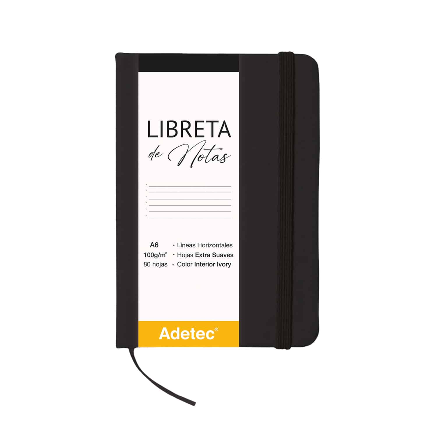 Libreta de Notas A6 Negra Cosida Con Elástico - Papel Ivory De 100gr x 80 Hojas Adetec