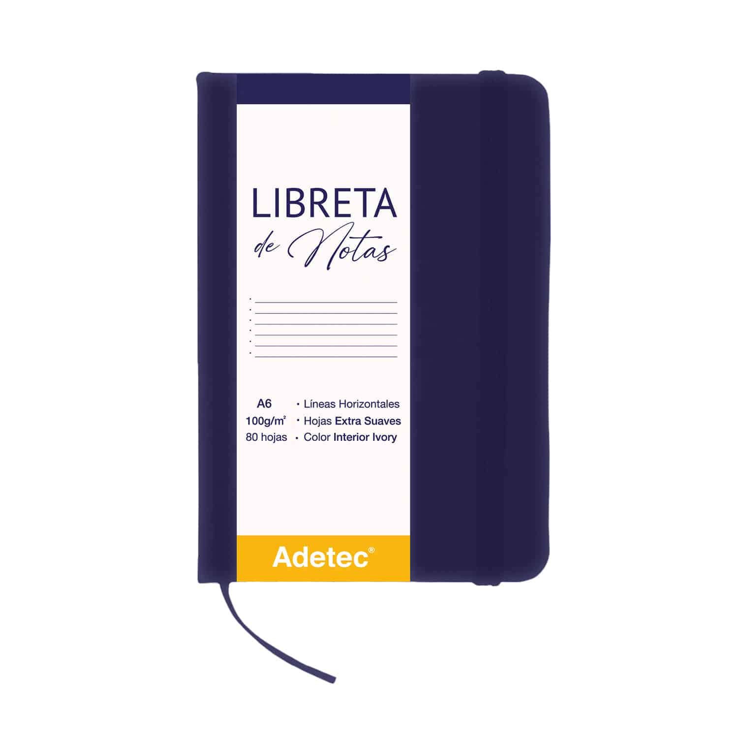 Libreta de Notas A6 Azul Oscuro Cosida Con Elástico - Papel Ivory De 100gr x 80 Hojas Adetec