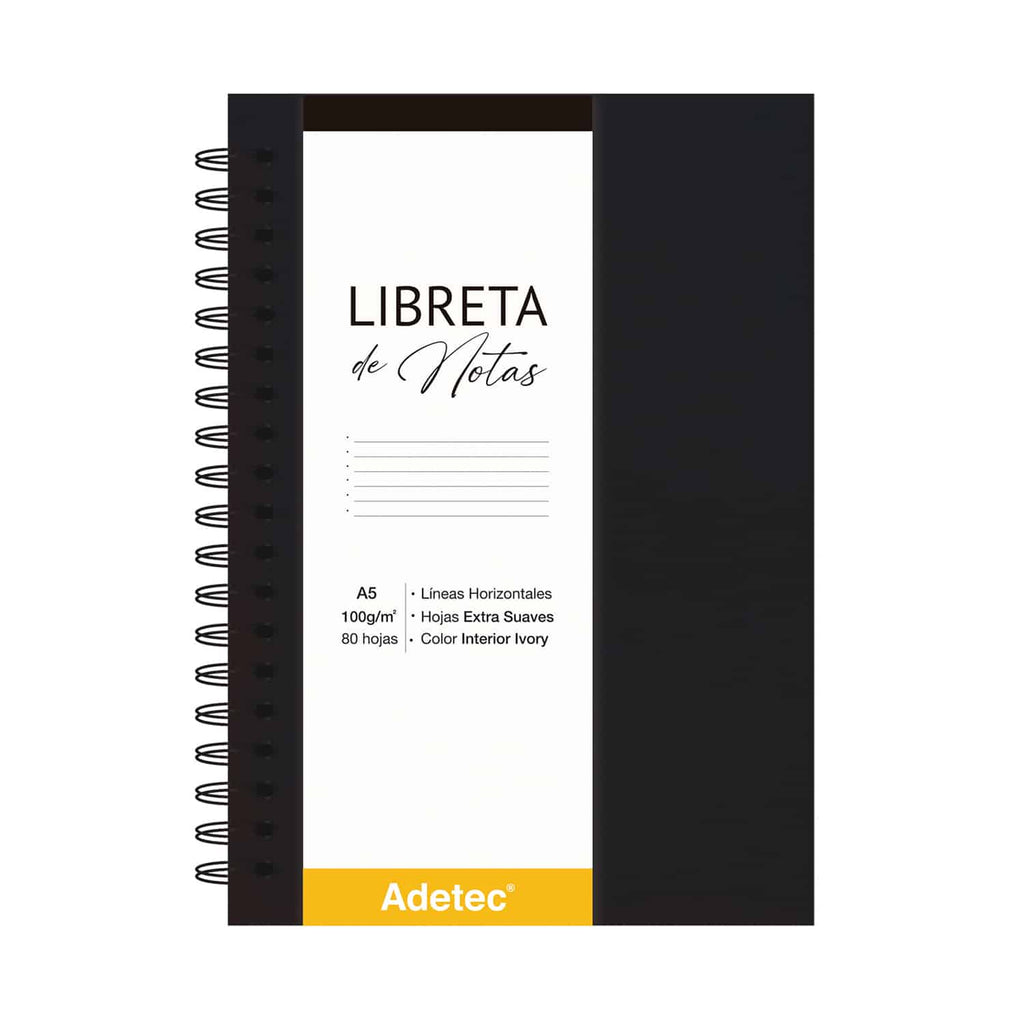 Libreta de Notas A5 Negra Anillada Con Elástico - Papel Ivory De 100gr x 80 Hojas Adetec