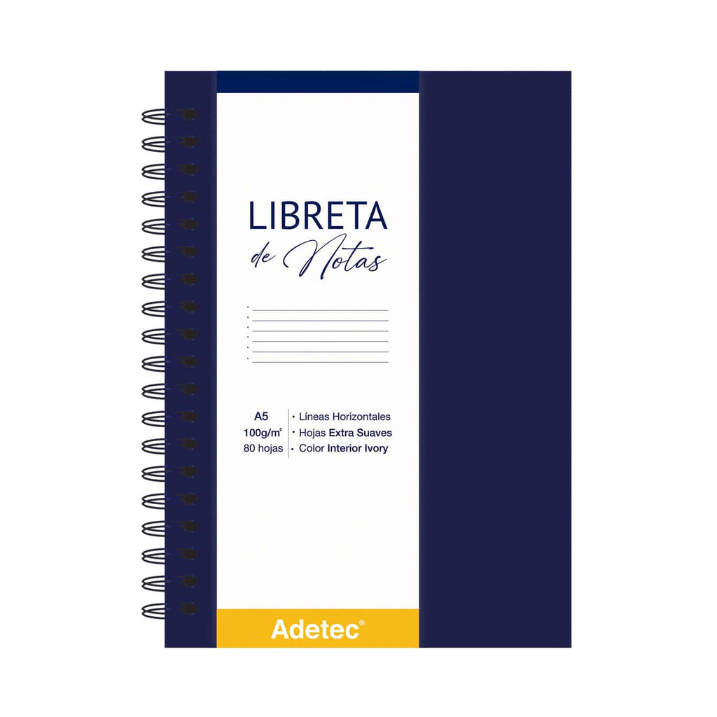 Libreta de Notas A5 Azul Oscuro Anillada Con Elástico - Papel Ivory De 100gr x 80 Hojas Adetec