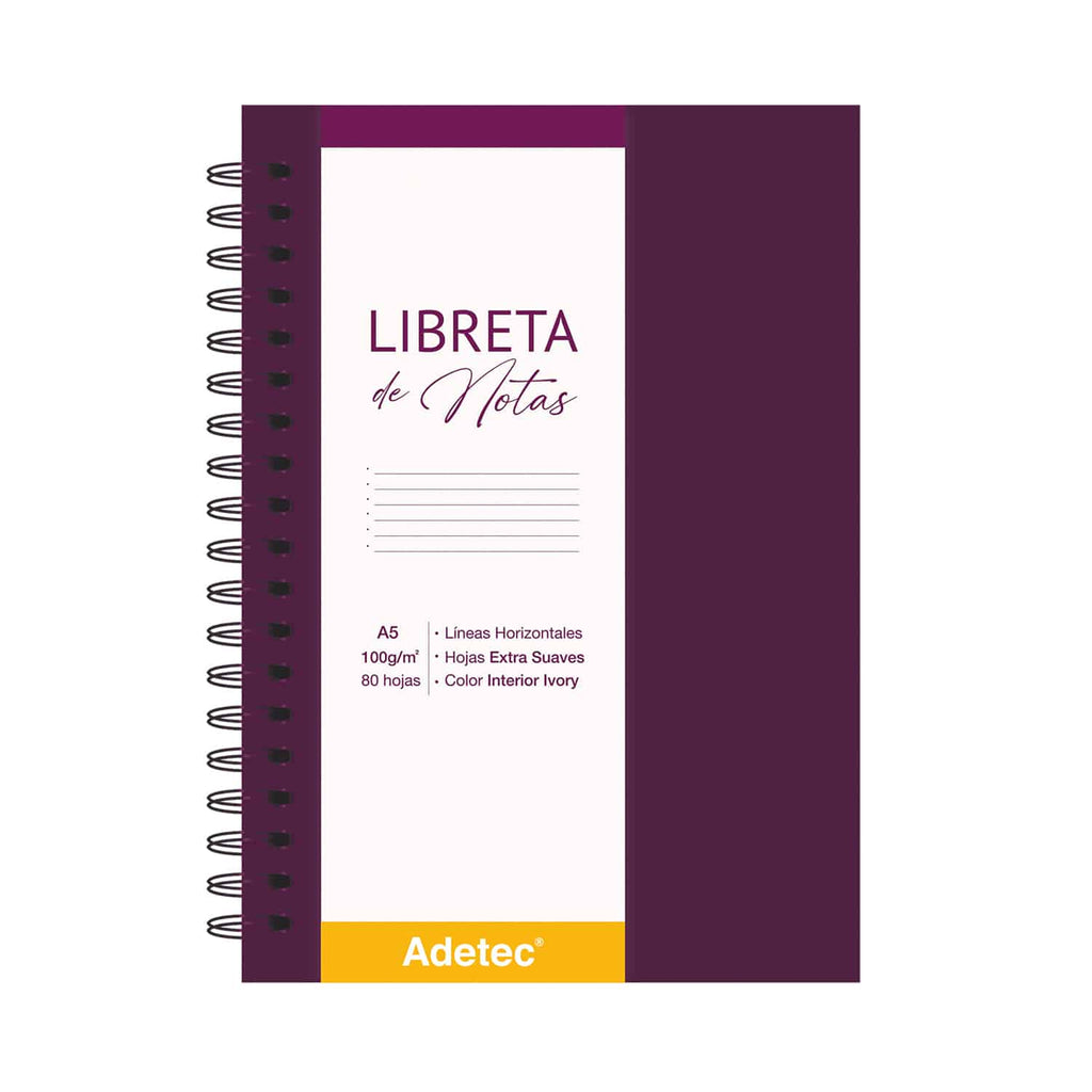 Libreta de Notas A5 Burdeo Anillada Con Elástico - Papel Ivory De 100gr x 80 Hojas Adetec