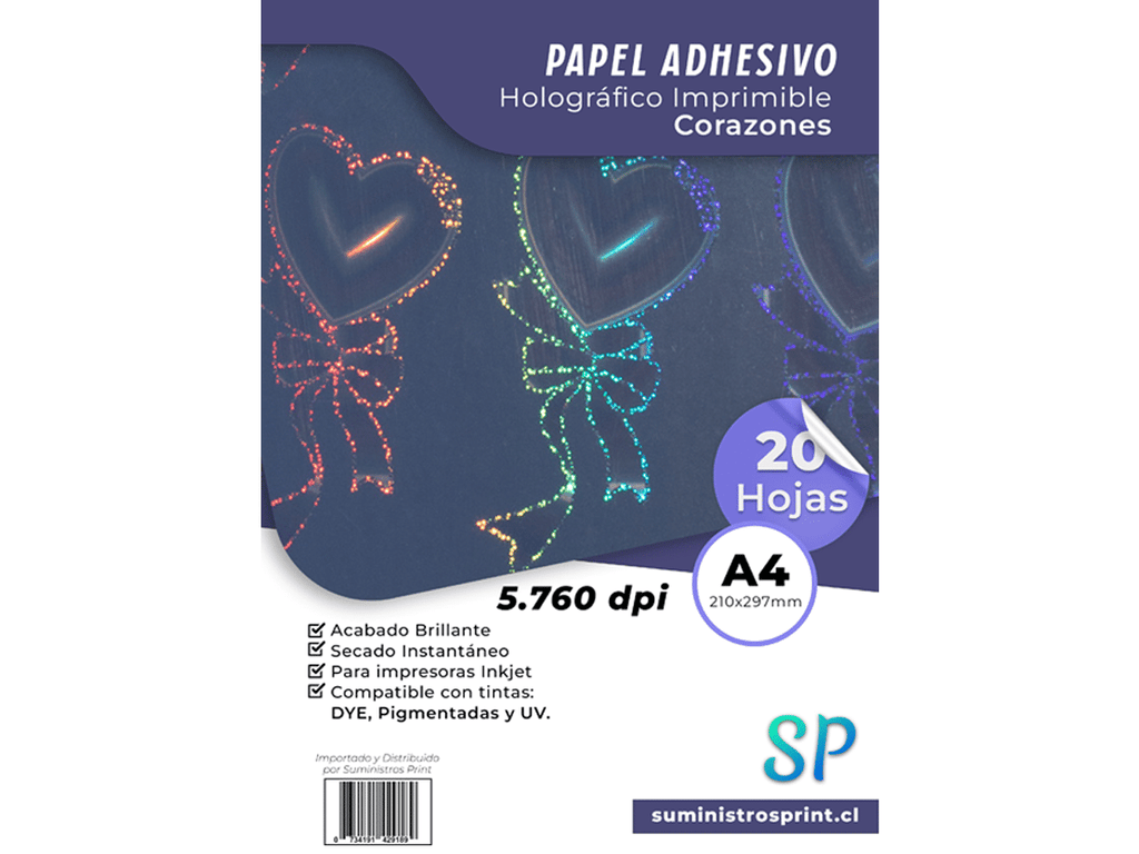 Papel Adhesivo Holográfico Imprimible Corazones A4 X 20 Hojas SP