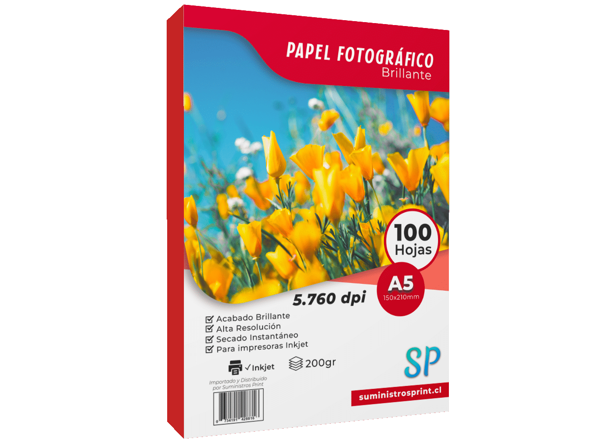 Papel Fotográfico Glossy A5 200gr (15x21cm) Alto Brillo X 100 Hojas SP