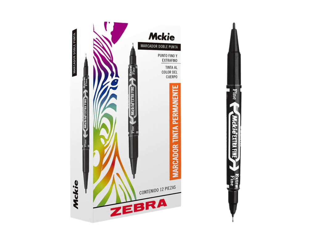 Marcador Permanente Negro Doble Punta Fina y Extra Fina 12 Marcadores Zebra