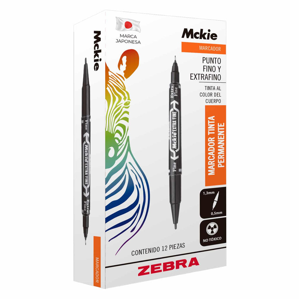 Marcador Permanente Negro Doble Punta Fina y Extra Fina 12 Marcadores Zebra
