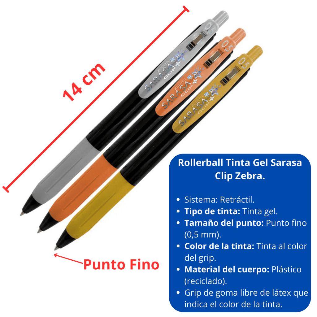 Bolígrafos Fino 0.5mm Sarasa Clip Tinta Gel Colores Metalizado 3 Und Retráctil Zebra