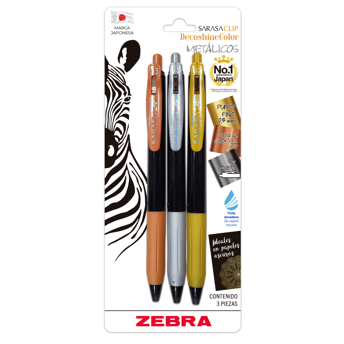 Bolígrafos Fino 0.5mm Sarasa Clip Tinta Gel Colores Metalizado 3 Und Retráctil Zebra
