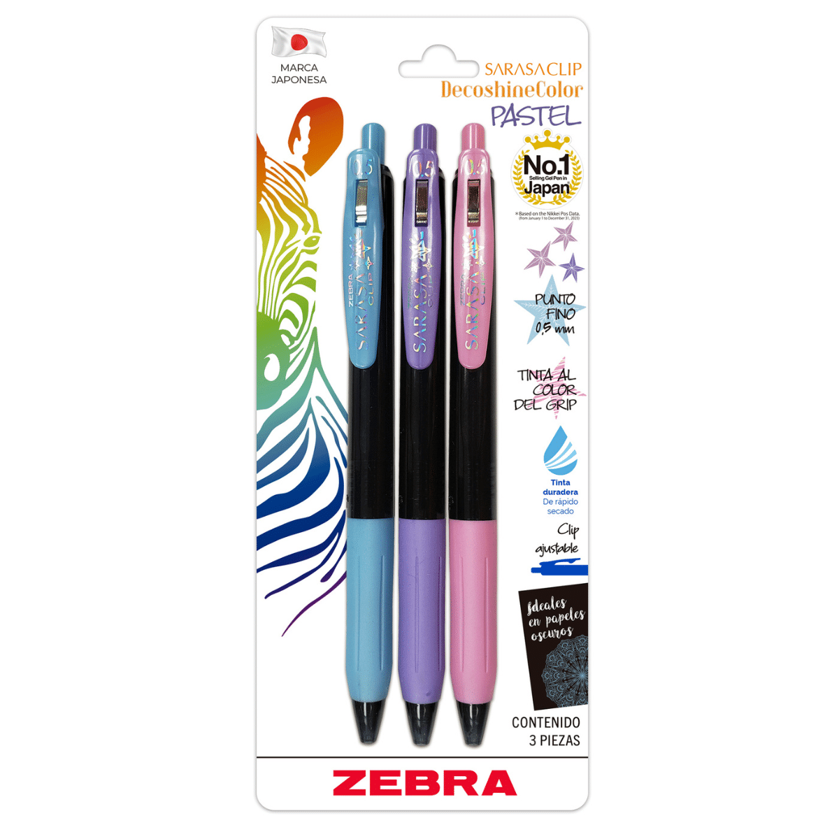 Bolígrafos Fino 0.5mm Sarasa Clip Tinta Gel Colores Pasteles 3 Und Retráctil Zebra