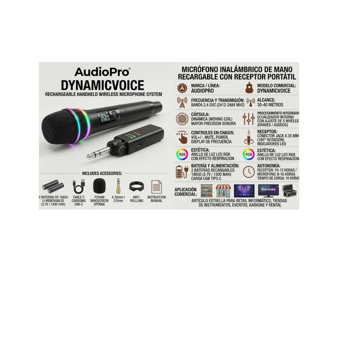 Micrófono Inalámbrico con Control de Volumen Audiopro