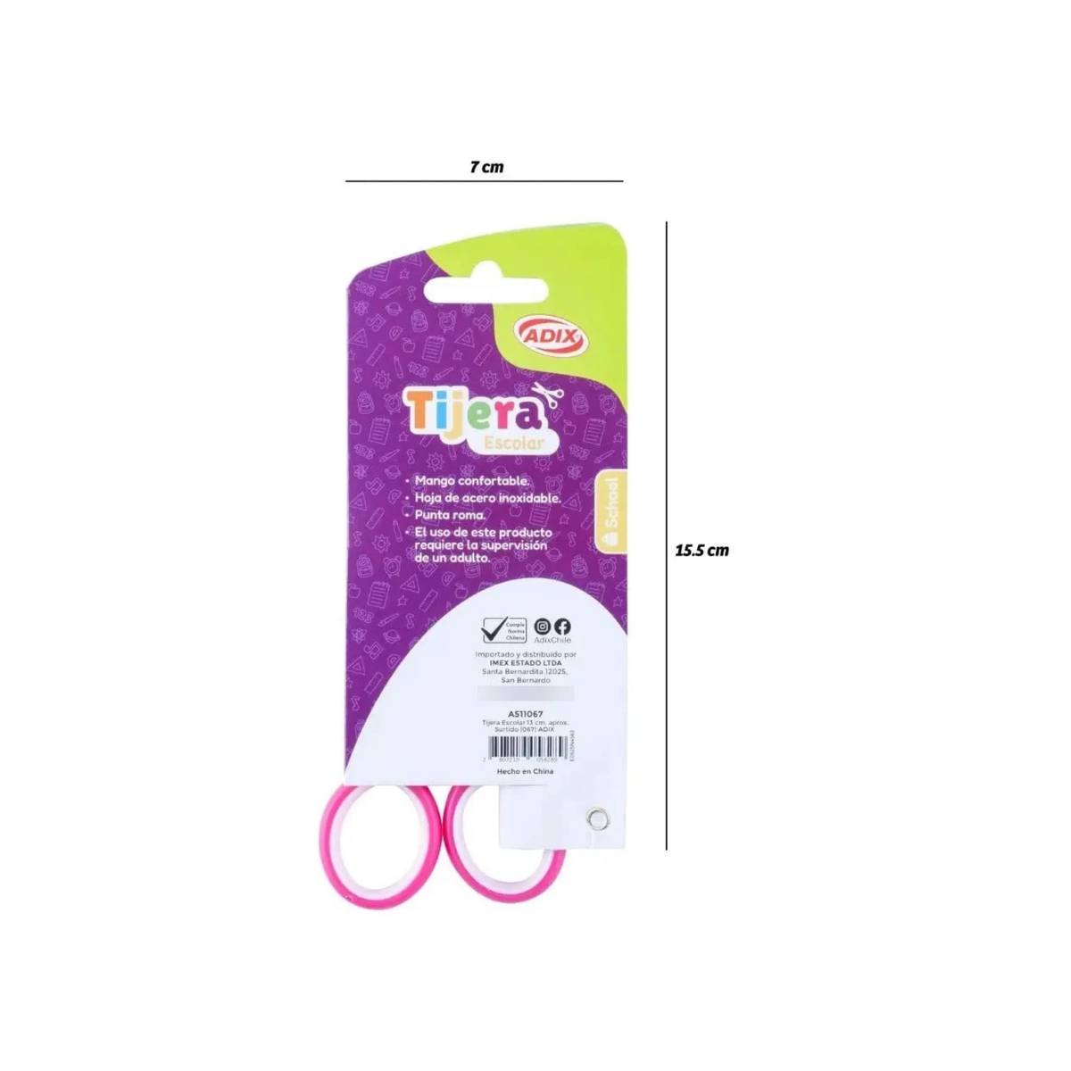 Tijera Escolar Punta Roma Adix Colores 13cm