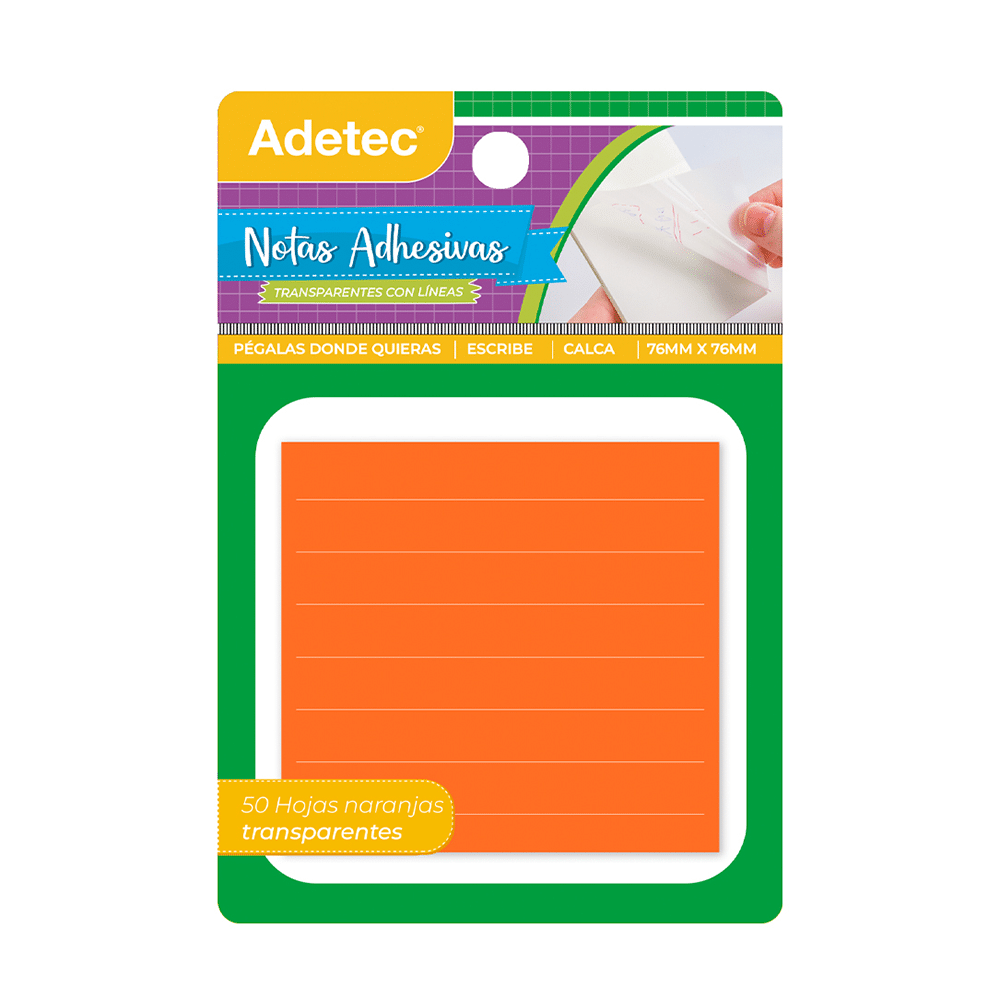 Pack 150 Notas Adhesivas Naranjas Transparentes con Línea 76x76mm Adetec