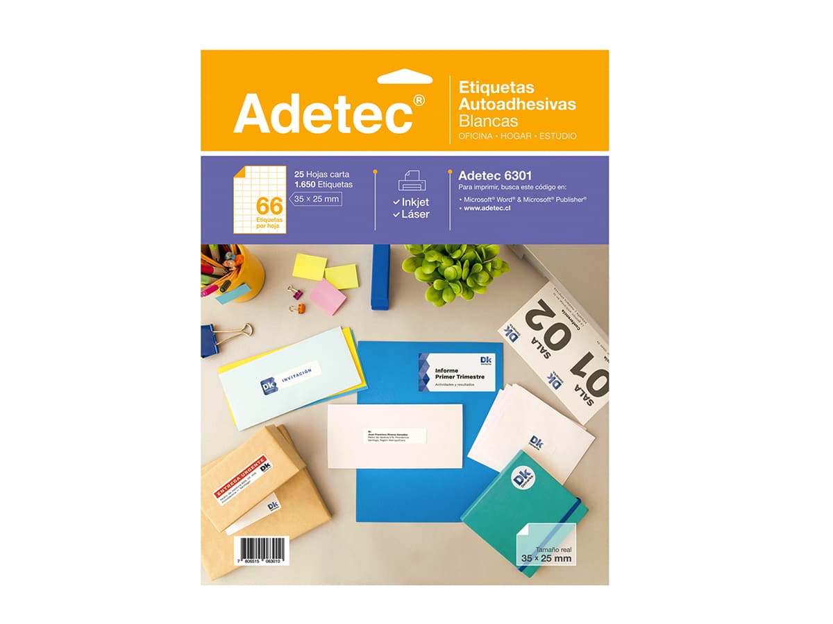 1650 Etiquetas Adhesivas Inkjet/láser 35x25 mm 25 Hojas Blancas - 6301