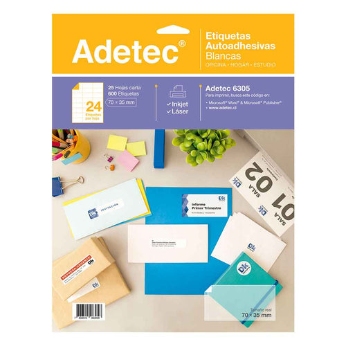 600 Etiquetas Adhesivas Inkjet/láser 70x35 mm 25 Hojas Adetec - 6305