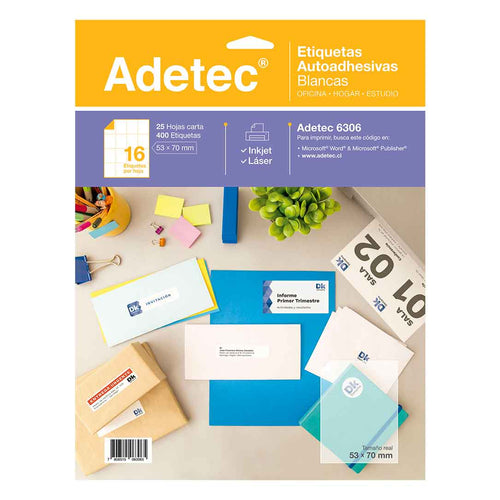 400 Etiquetas Adhesivas Inkjet/láser 53x70 mm 25 Hojas Adetec - 6306